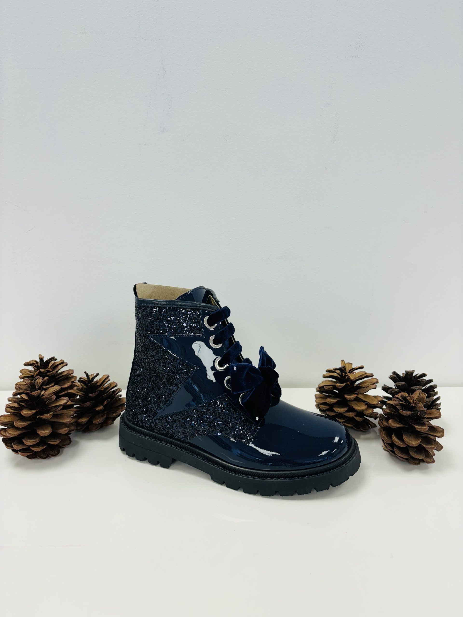 Andanines Navy Lace Up Velvet Bow Patent Boots The Little Shoe Bootique